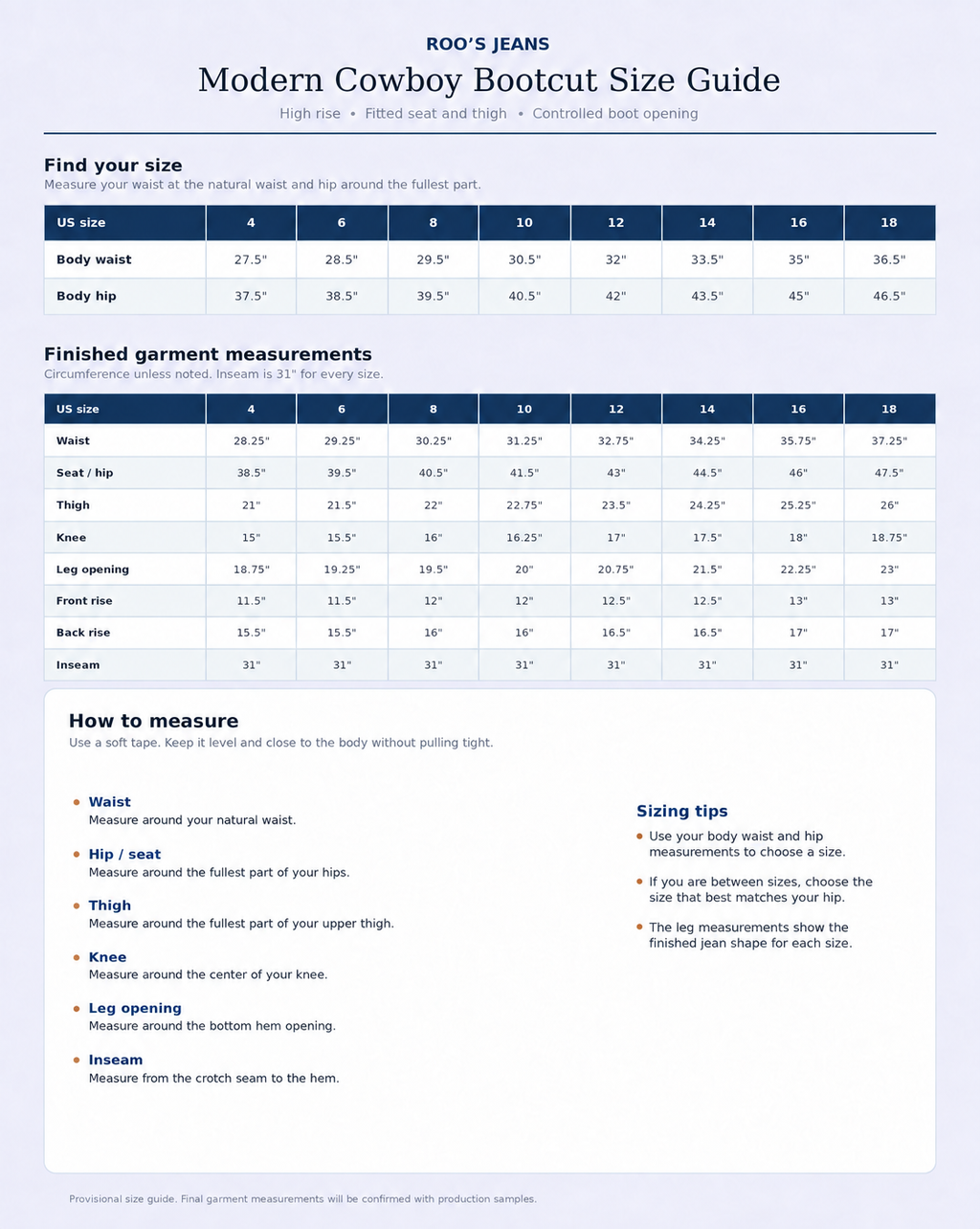 A size guide sheet for ROOJ'S JEANS featuring a 'Modern Cowboy Bootcut Size Guide' with a size chart table and a 'How to measure' section.