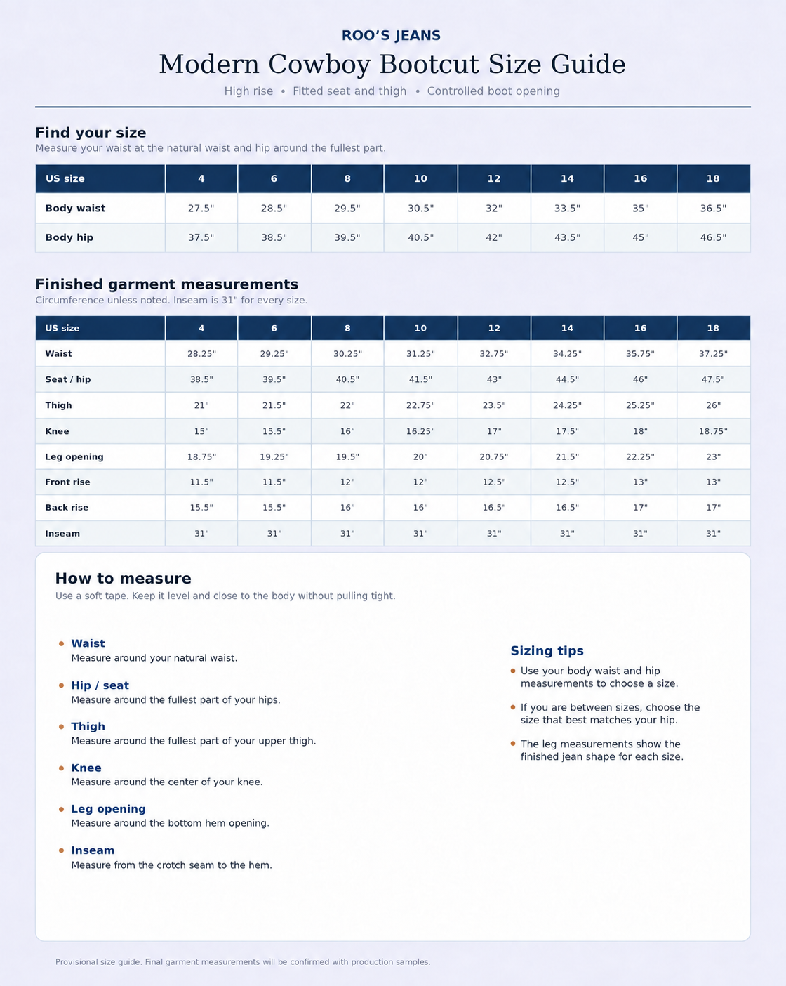 A size guide sheet for ROOJ'S JEANS featuring a 'Modern Cowboy Bootcut Size Guide' with a size chart table and a 'How to measure' section.