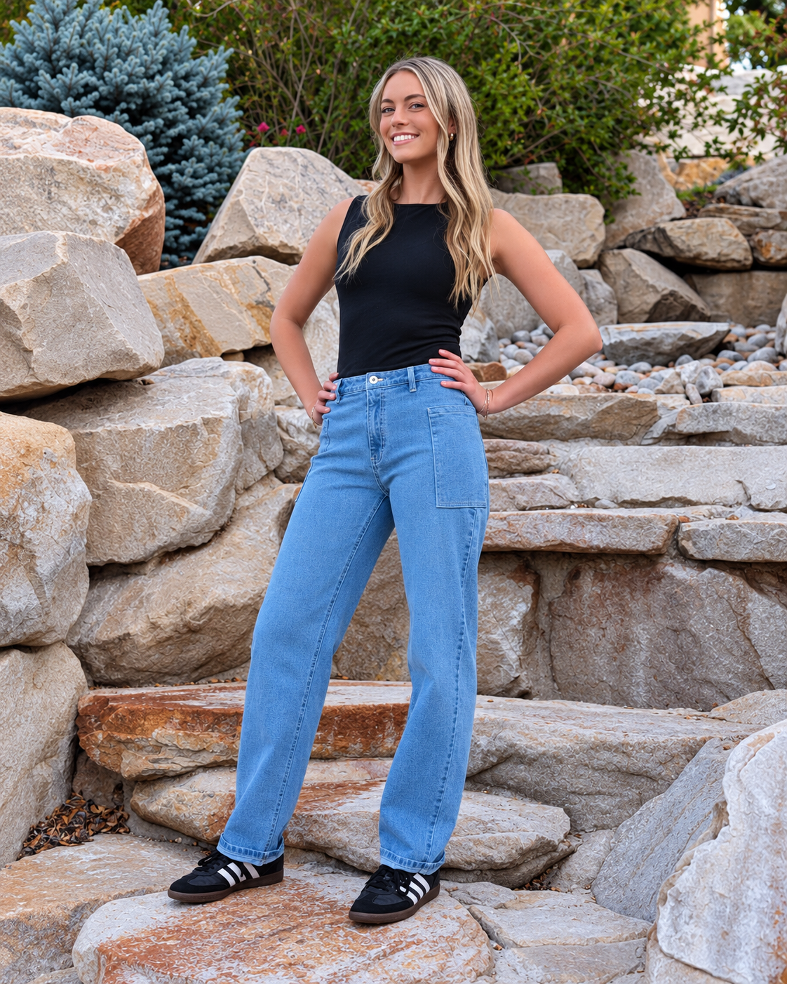 Model wearing light colored Roo's jeans standing on rocks.